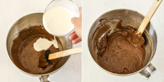 Adding milk to cupcake batter in a metal bowl.