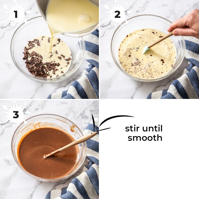 Cream being poured over chocolate then stirred to a smooth chocolate sauce