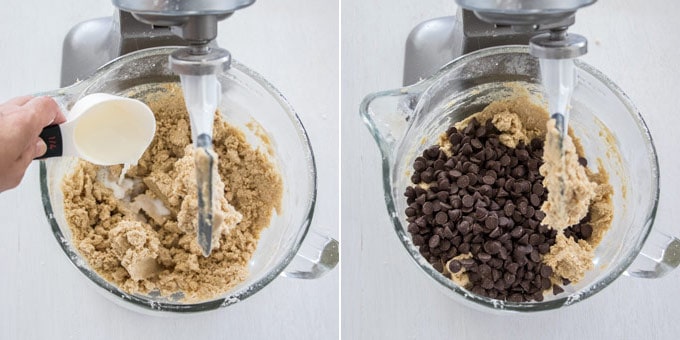Two side by side images of cookie dough in a stand mixer bowl - one adding milk, the other chocolate chips