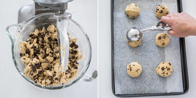 Two images - on the left choc chip cookie dough in a glass bowl, on the right balls of dough on a baking sheet.