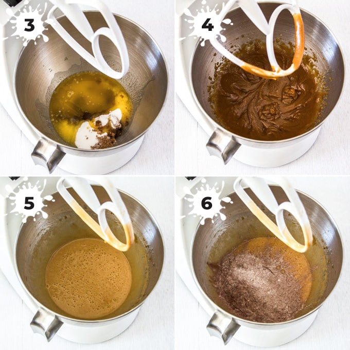 Collage of 4 photos showing melted butter and sugar being mixed together in a metal stand mixer bowl, then flour mixture is added.
