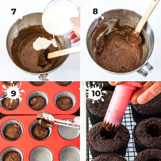 Collage of 4 photos showing process of making chocolate cupcakes.