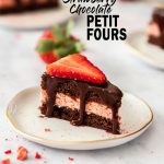 These Strawberry and Chocolate Petit Fours are easy to make chocolate cake filled with strawberry buttercream and topped with chocolate ganache. A cute sweet treat for Mother’s Day, a birthday or afternoon tea. #sugarsaltmagic #petitfours #mothersday #summerdesserts #chocolatecake