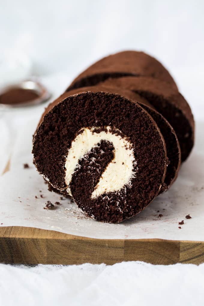 Closeup of a slice of chocolate roll cake.