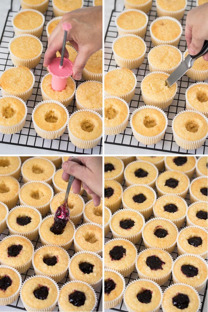 Collage of 4 photos showing how to fill cupcakes.