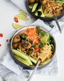 This Pork Satay Noodle Bowl uses pork meatballs and noodles all laced with an super tasty, homemade satay sauce.