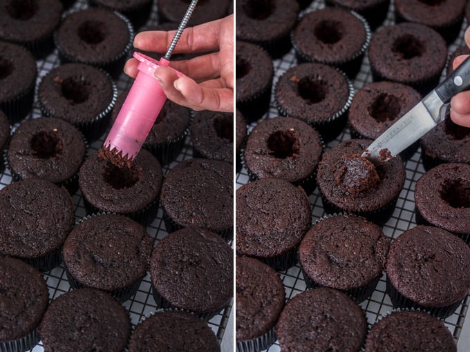 2 photos showing how to make a hole in cupcakes for filling.