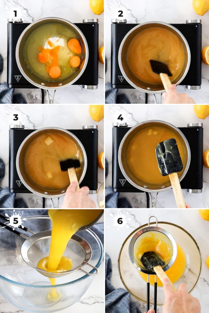 6 images showing the steps to making lemon curd