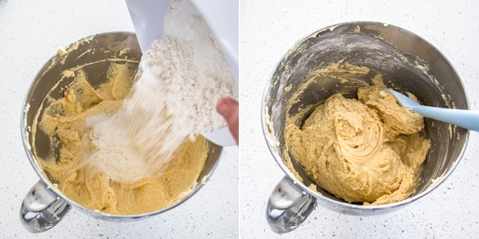 2 photos: flour mixture is added to the mixing bowl, the cake batter is formed.
