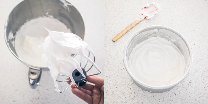 2 photos: stiff peak meringue on a wire whip, meringue is spread into a cake tin.