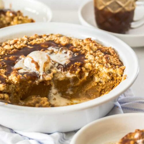 Looking for an easy pumpkin dessert? How about this gorgeous Pumpkin Cobbler – a sweet, creamy pumpkin custard, topped with a crunchy, crumbly cobbler topping is makes the perfect comforting dessert.