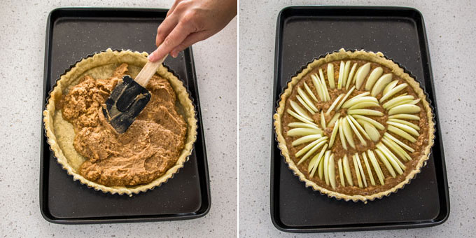 2 photos: adding frangipane to the tart shell, adding apple slices.