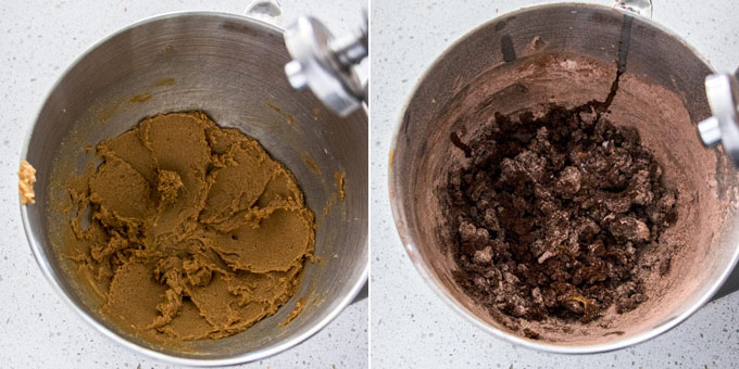 2 photos: making chocolate cookie dough in a stand mixer.