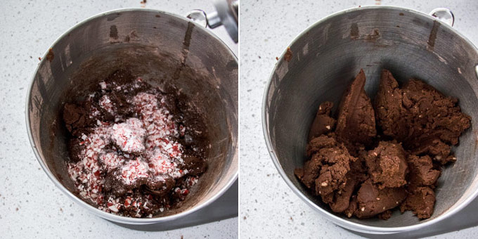 2 photos: adding crushed candy cane to chocolate cookie dough.