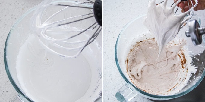 2 photos: whipped egg whites in a stand mixer, other ingredients added and whipped.