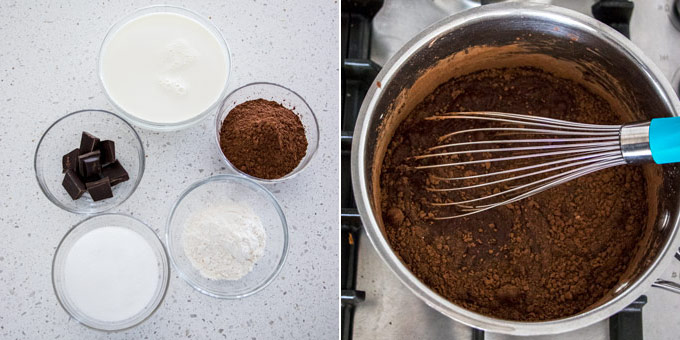 2 photos showing ingredients to make chocolate pudding