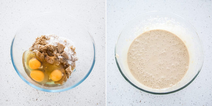 2 photos: sugar and eggs in a glass bowl, then beaten until smooth.