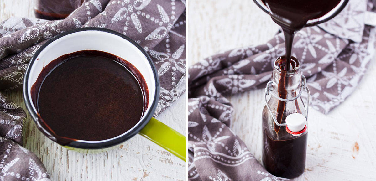 2 photos: chocolate sauce in a pan, chocolate sauce being poured into a glass bottle.