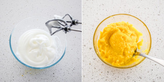 2 photos: foamy egg whites in a glass bowl, a yellow batter in another bowl.