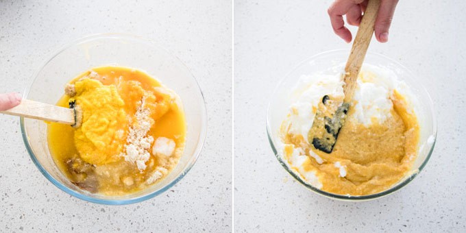 2 photos: mixing ingredients to make cake batter, folding egg whites into cake batter.