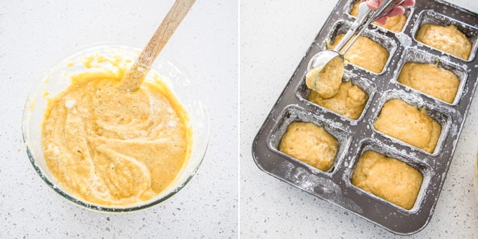 2 photos: cake batter in a glass bowl, dividing cake batter into a mini loaf tin.