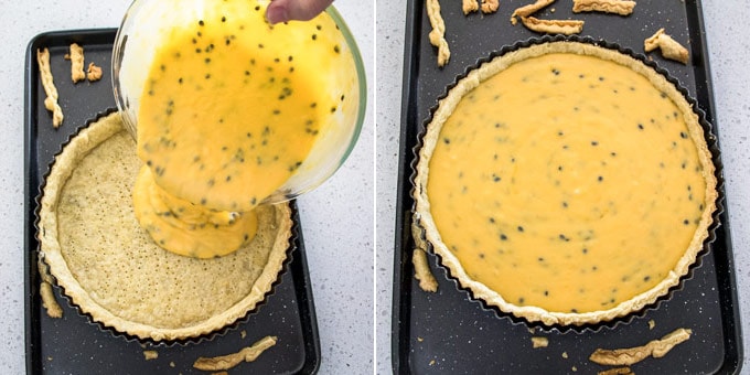 Collage of 2 photos showing passionfruit filling is being added to tart shell.