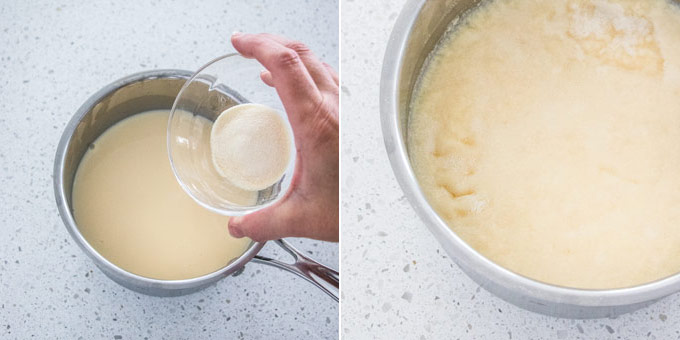 Collage of 2 photos adding gelatine to eggnog