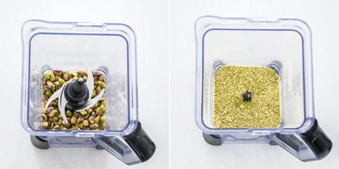 2 photos: pistachios in a blender, ground pistachio in a blender.
