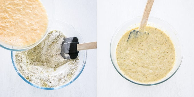 2 photos: adding wet and dry ingredients together, cupcake batter in a glass bowl.