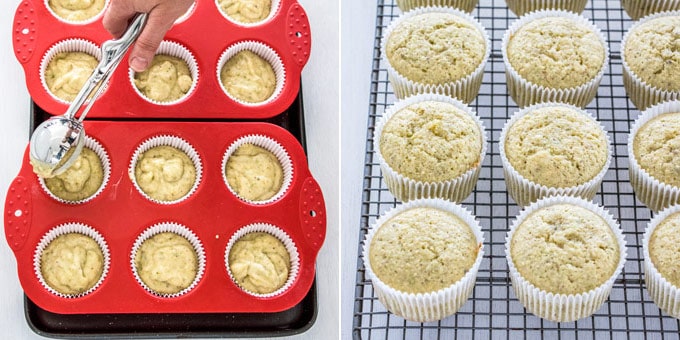 2 photos: dividing cake batter in red muffin tins, baked pistachio cupcakes on a wire rack.