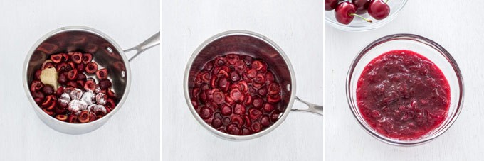 Collage of 3 photos showing how to make cherry compote.