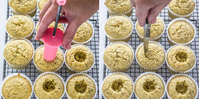 Collage of 2 photos showing how to cut a hole into cupcakes for filling.