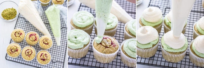 3 photos: white and green frosting in pastry bags next to cherry pistachio cupcakes, adding green frosting, adding white frosting.