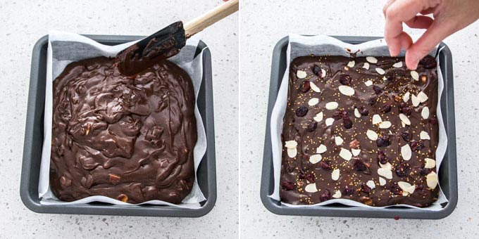 2 photos: spreading fudge mixture in a square tin, adding more toppings.