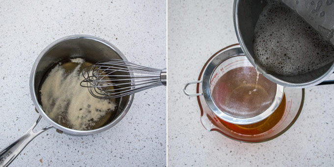 2 photos showing how to make the jelly layer for Gingerbread Trifle.