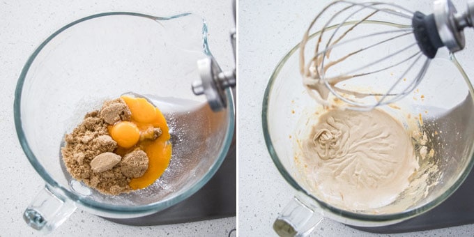 2 photos: beating egg yolks and brown sugar in a stand mixer.