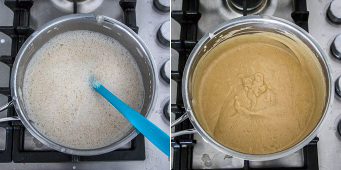 2 photos: making butterscotch pudding in a stainless steel pot.