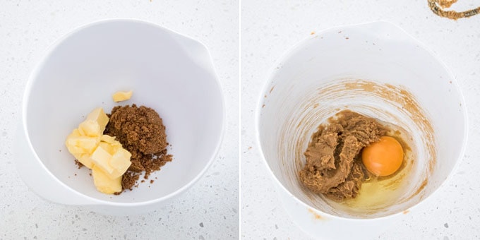 2 photos: butter and brown sugar in a mixing bowl, adding egg.