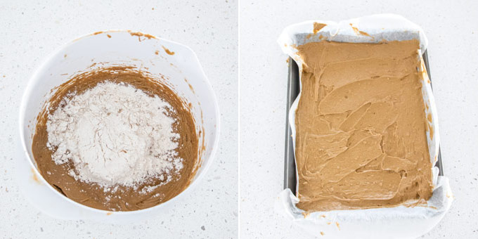 2 photos: adding flour mixture to wet ingredients, spreading cake batter into a rectangular tin.