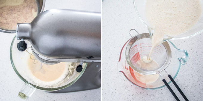 2 photos: mixing cream mixture in a stand mixer, straining cream mixture.