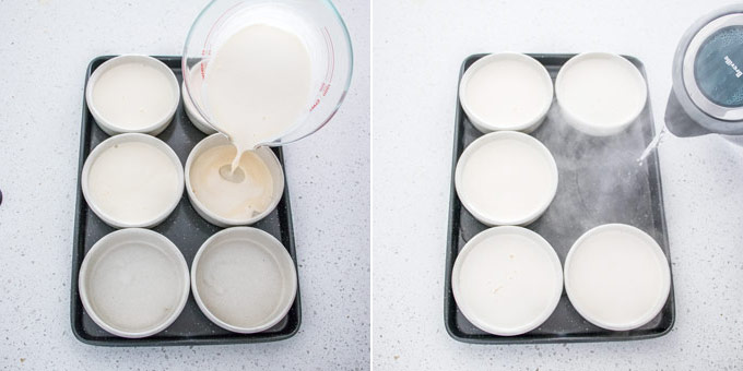 2 photos: adding cream mixture to ramekins, adding hot water to pan.