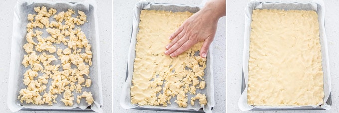 Collage of 3 photos showing how to spread out shortbread base into a baking tin.