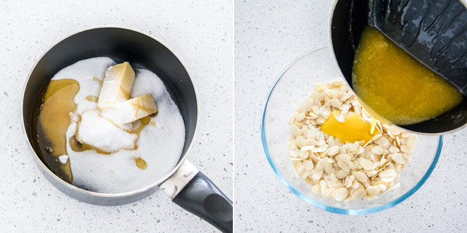 2 photos showing how to make honey almond topping.