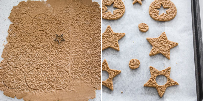 Shapes being cut from rolled out cookie dough