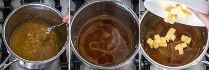 Collage of 3 photos showing how to make caramel sauce.