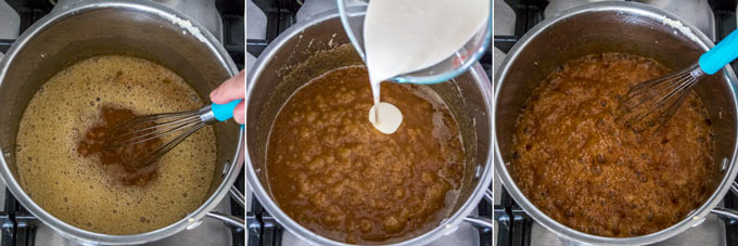 Collage of 3 photos showing stirring of caramel sauce and adding cream.