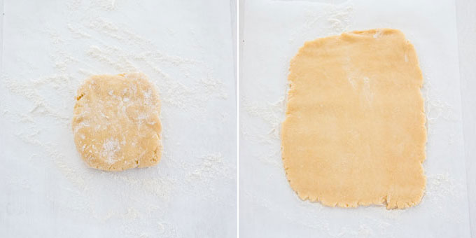 2 photos: pastry dough on a floured surface, pastry dough rolled out.