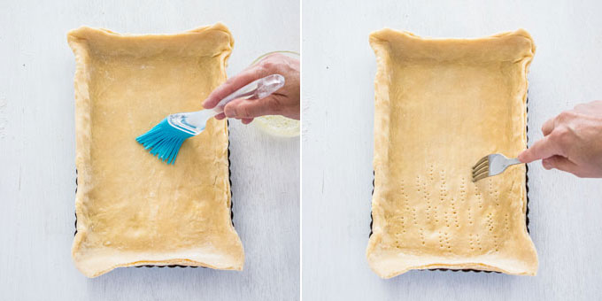 2 photos: brushing pastry dough with egg white, docking pastry dough.