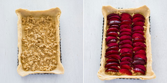 2 photos: adding almond layer on top of pastry dough in a rectangular tin, adding plum slices on top.