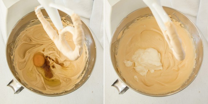 Caramel cheesecake being mixed together in a standmixer.